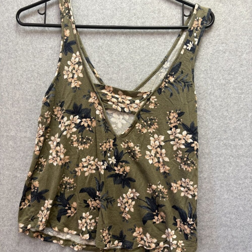 American Eagle Soft & Sexy Crepe Olive Green Floral Tank Top Small